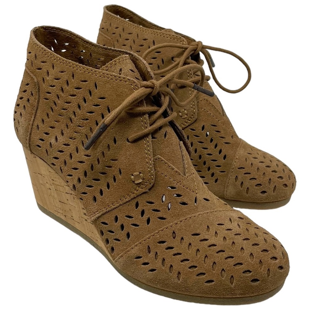 Toms Women’s Size 8 Suede Cork Wedge Ankle Boots Perforated Lace Up Toffee Brown